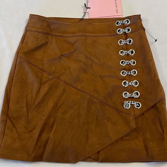 AVEC LES FILLES New Small Leather Zip-Up Chain Wrap Mini Skirt Small Retro suede - Picture 1 of 10